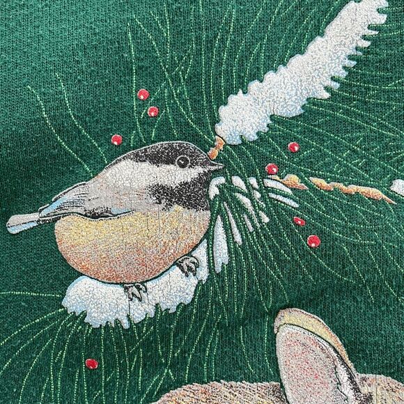 Vintage 90s Hanes Activewear Collared Sweatshirt Cardinal Bunny Snow Green Red L - Picture 10 of 10